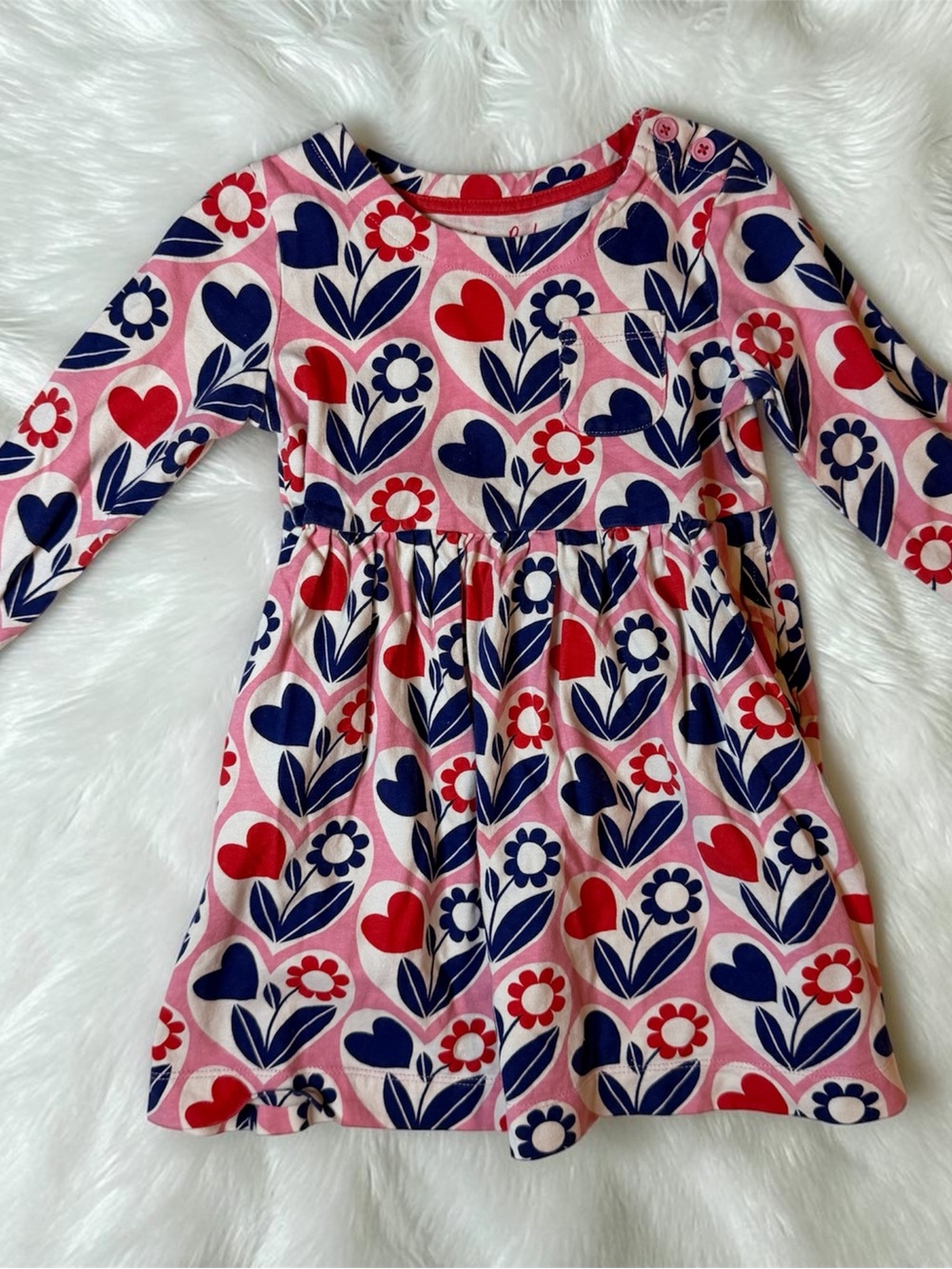 Mini Boden Pink Dress with Navy and Red Heart-Flower Print